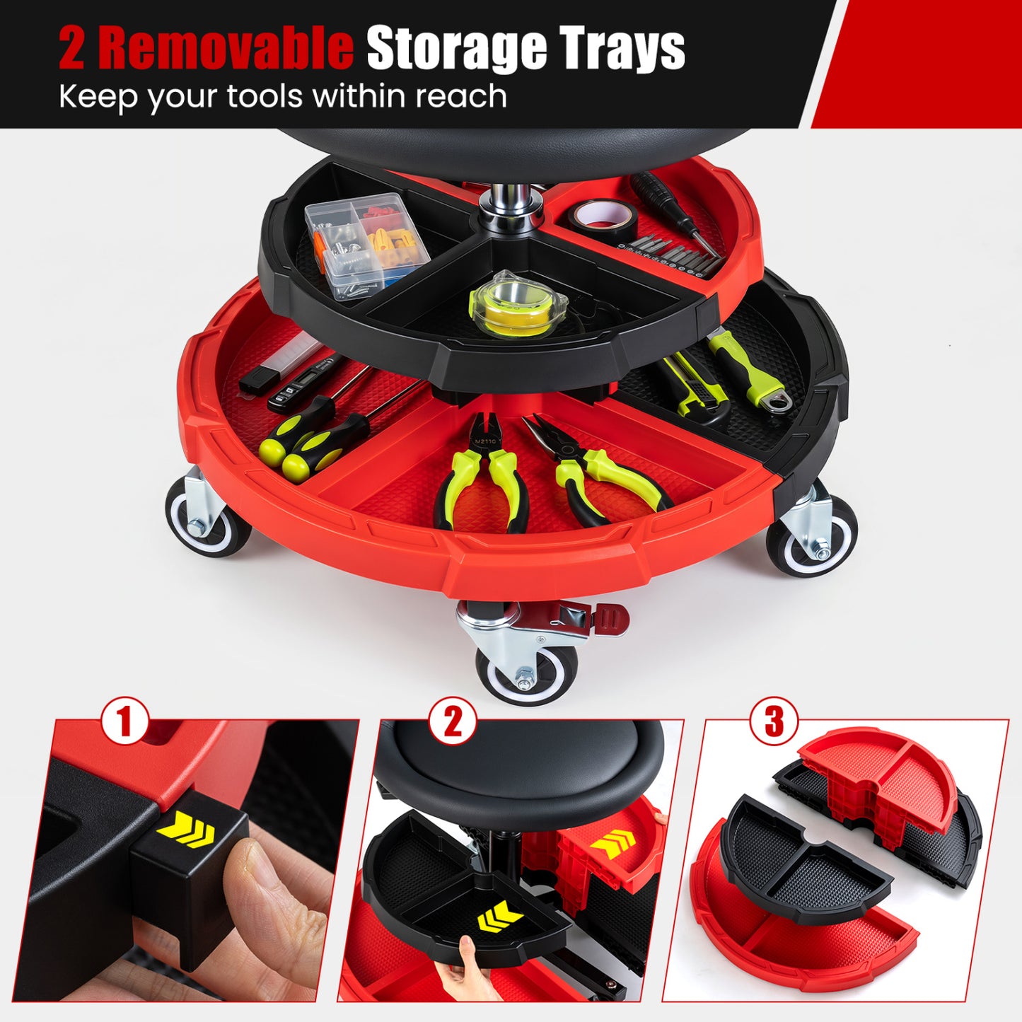 360° Rolling Mechanic Stool with Tool Trays, Red