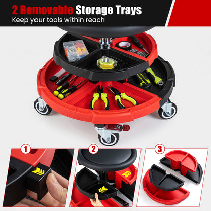 360° Rolling Mechanic Stool with Tool Trays, Red