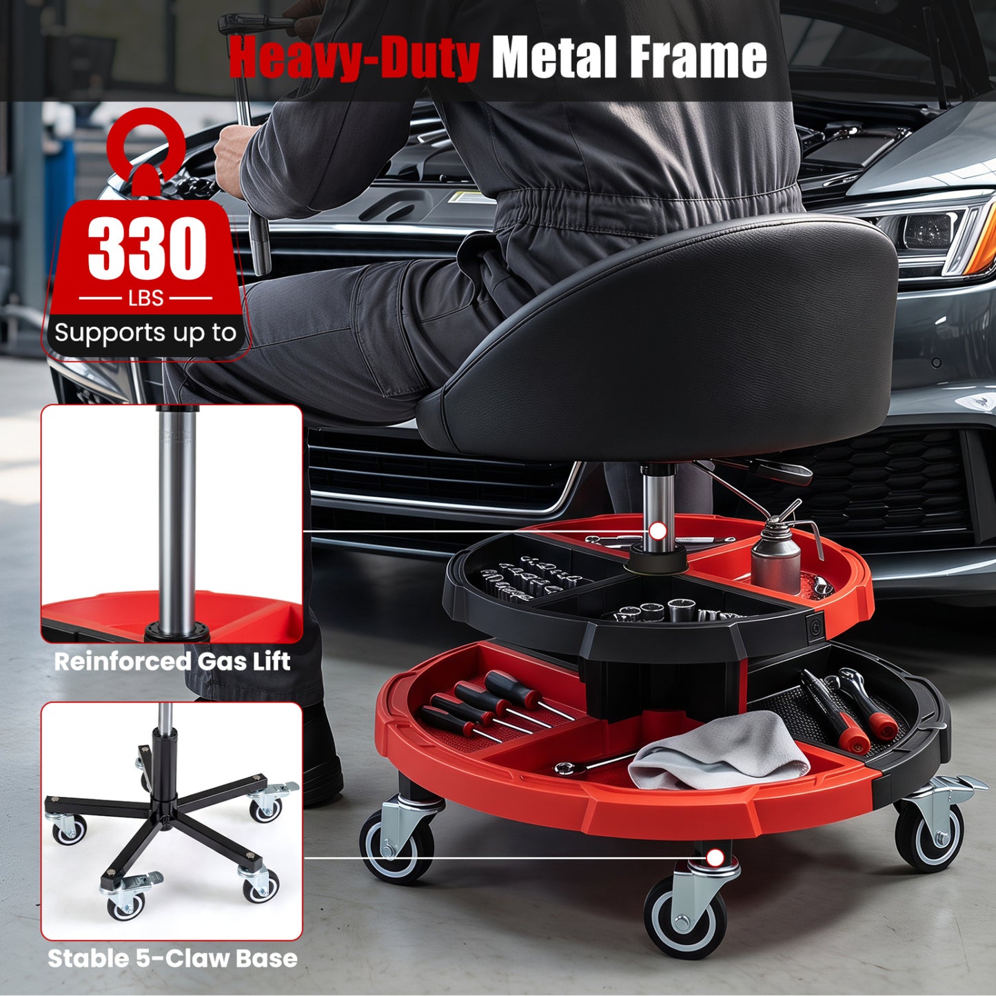 360° Rolling Mechanic Stool with Tool Trays, Red