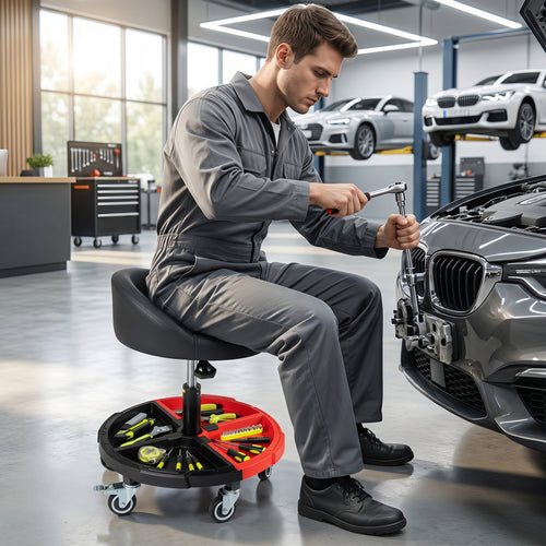 360° Rolling Mechanic Stool With Tool Tray, Red