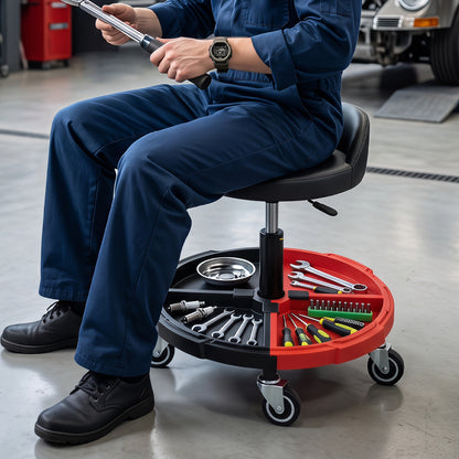 360° Rolling Mechanic Stool With Tool Tray, Red