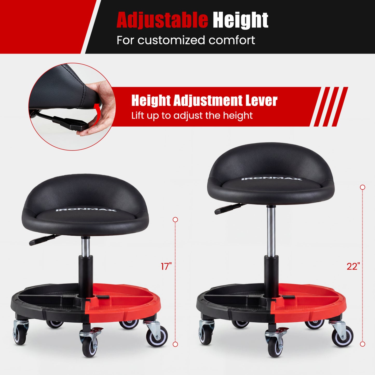 360° Rolling Mechanic Stool With Tool Tray, Red