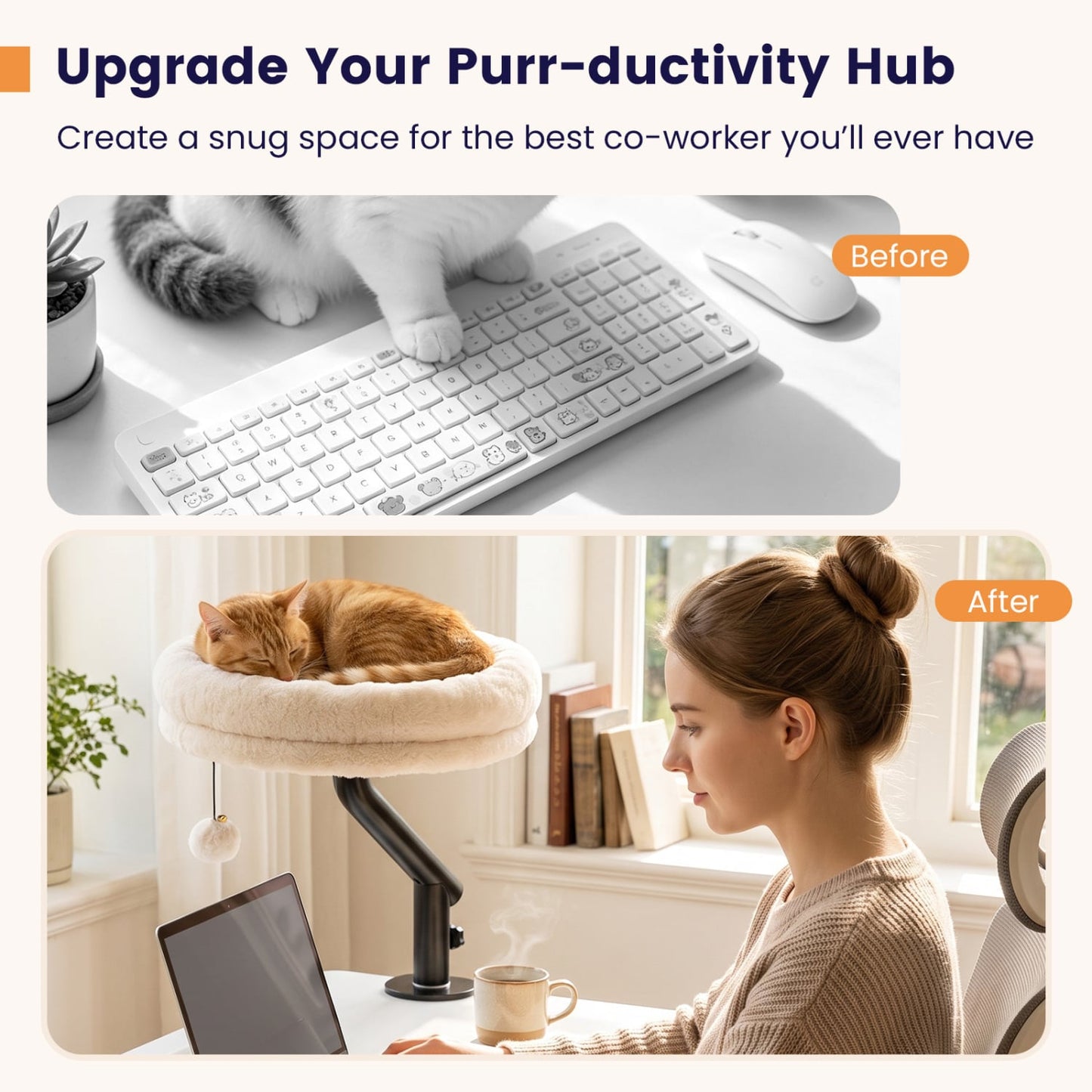 Cat Desk Bed, 360° Rotating, Removable Perch, White