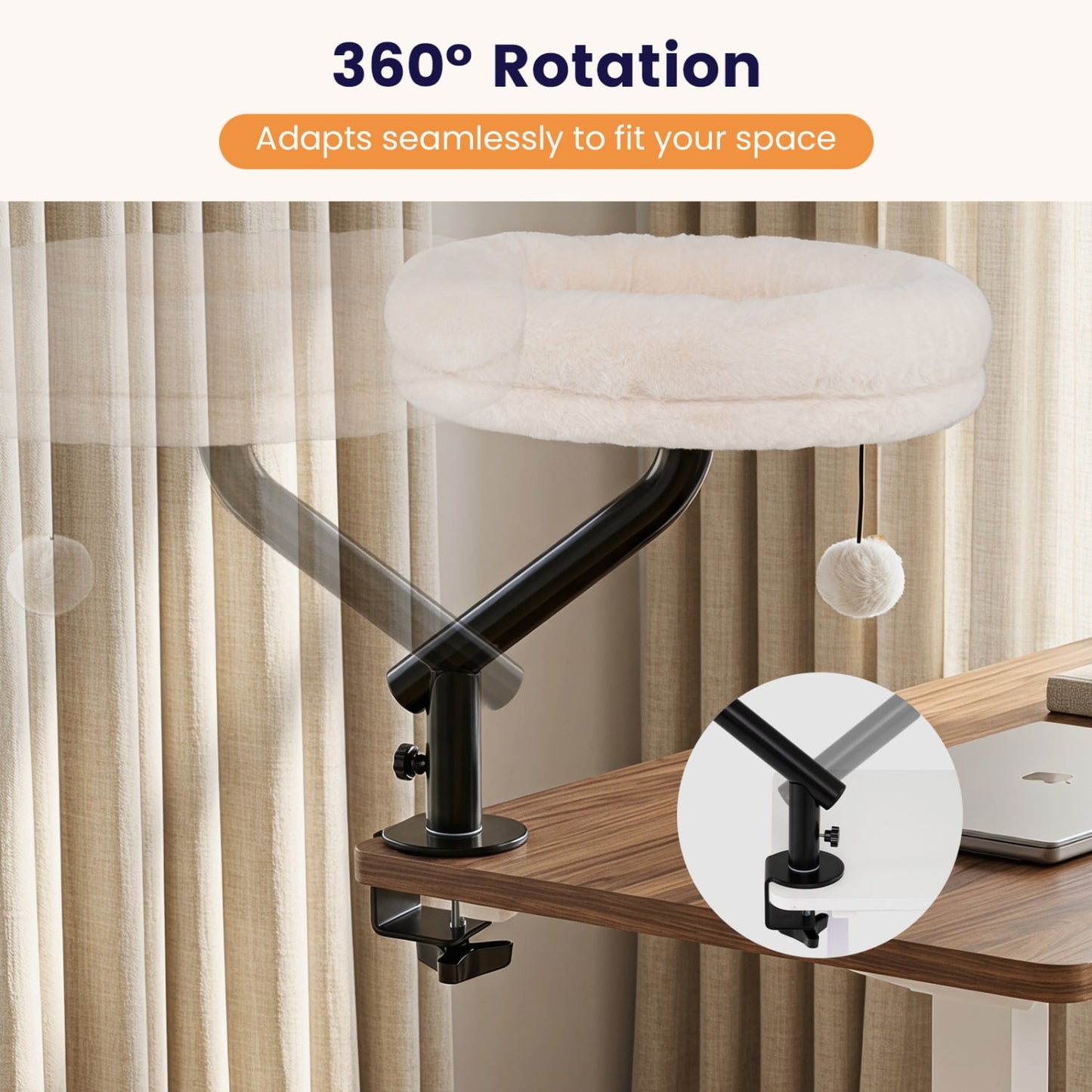 Cat Desk Bed, 360° Rotating, Removable Perch, White