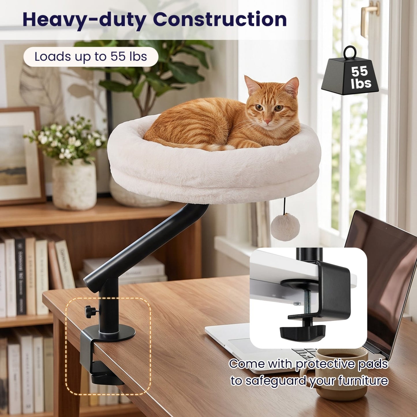 Cat Desk Bed, 360° Rotating, Removable Perch, White