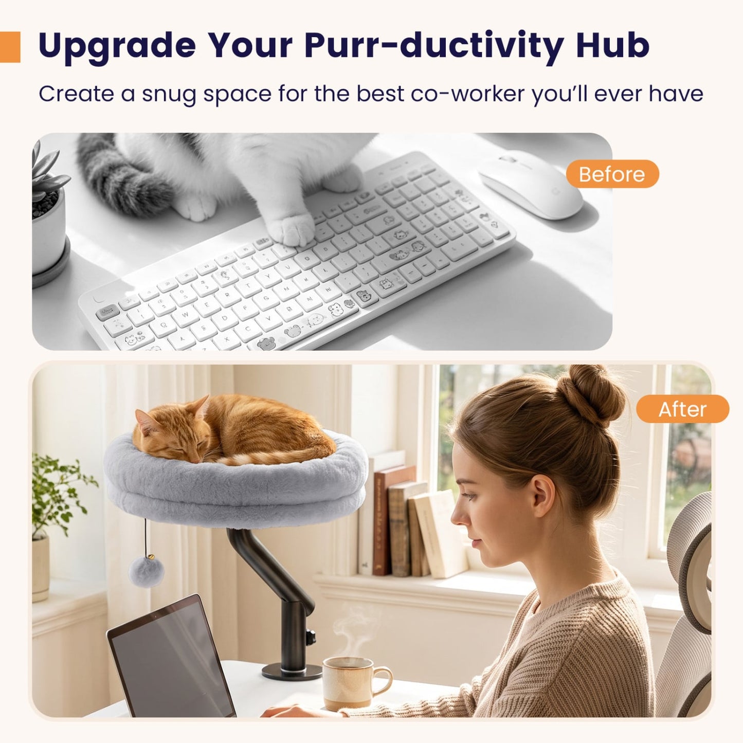 Lit de bureau pour chat rotatif à 360°, perchoir amovible, gris