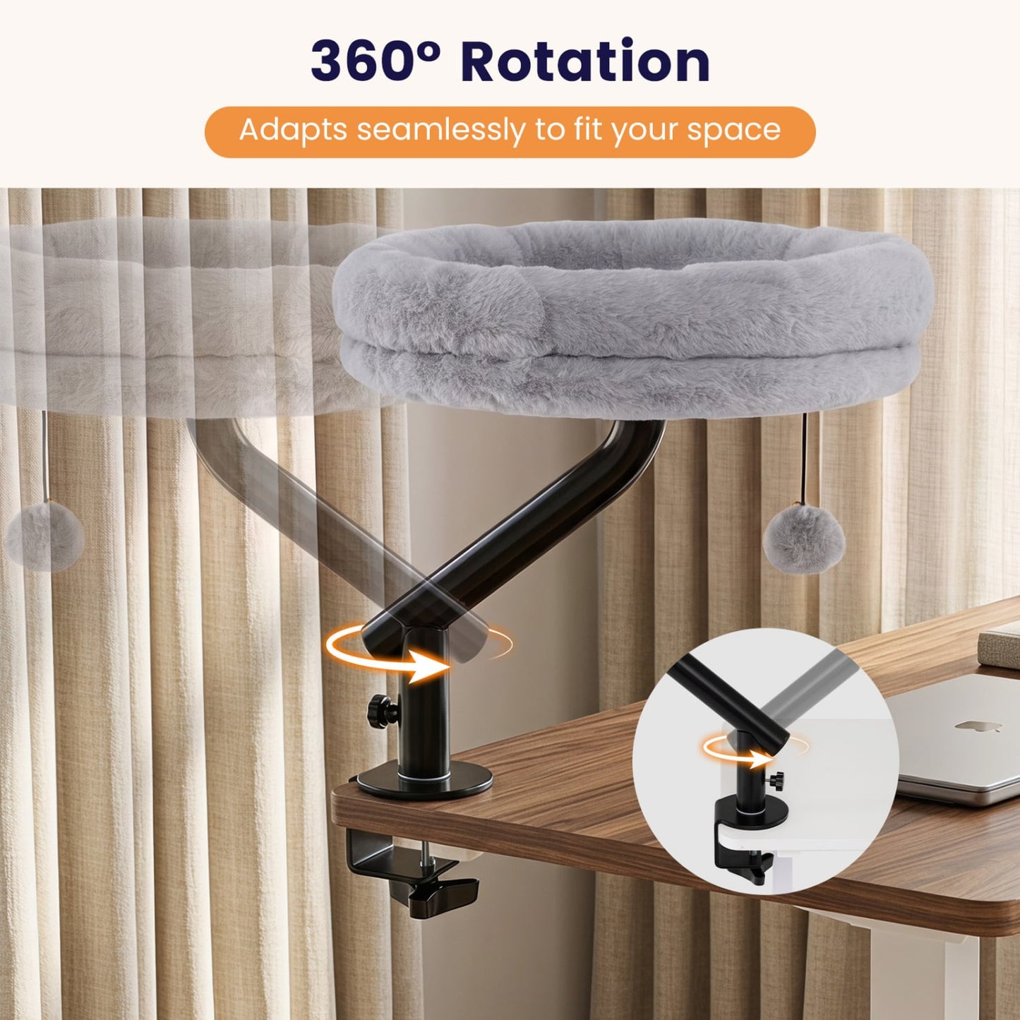 Lit de bureau pour chat rotatif à 360°, perchoir amovible, gris