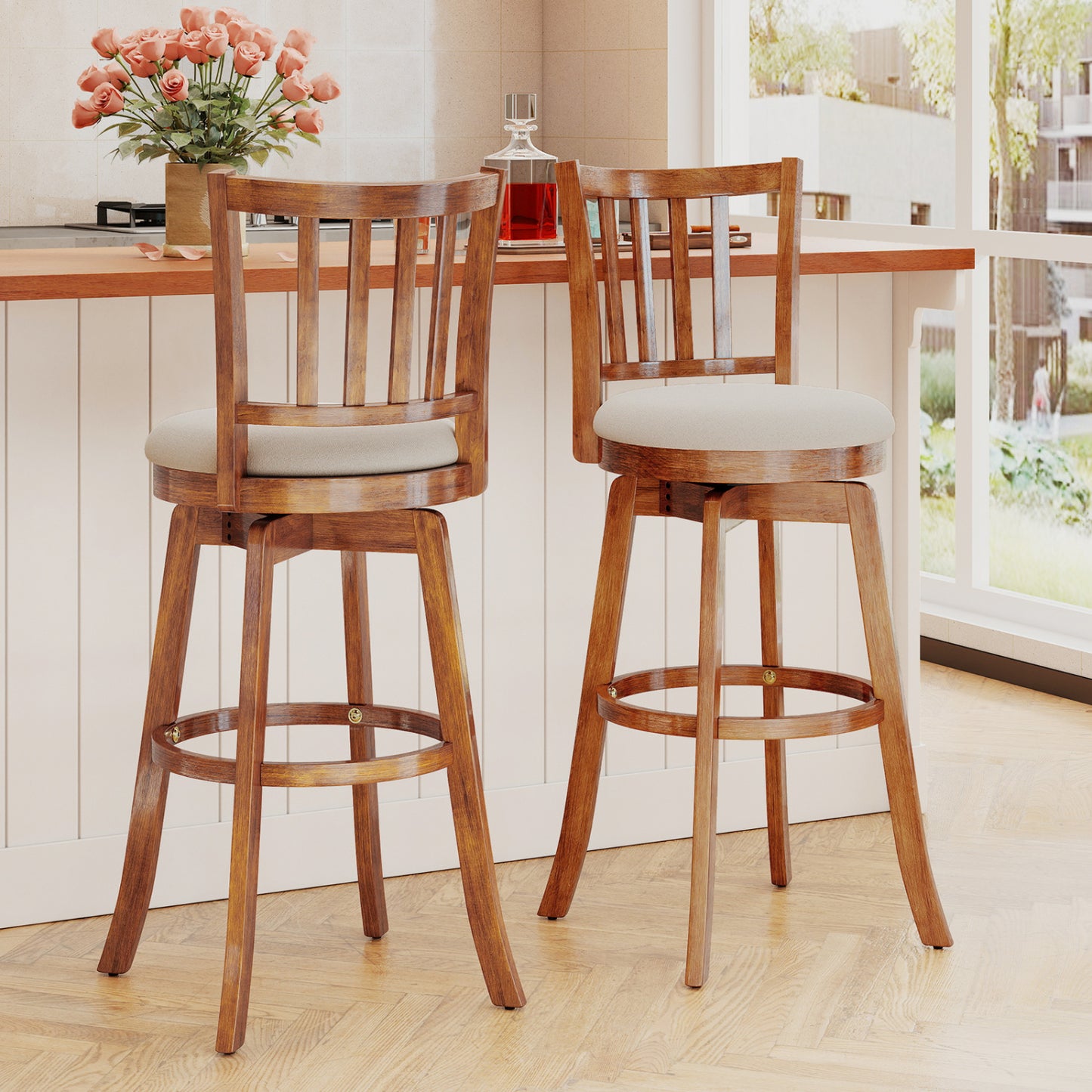 360° Rotating Counter Height Chairs Set of 4 with Backrest and Upholstered Seat-29, Wood Bar Stools at Gallery Canada