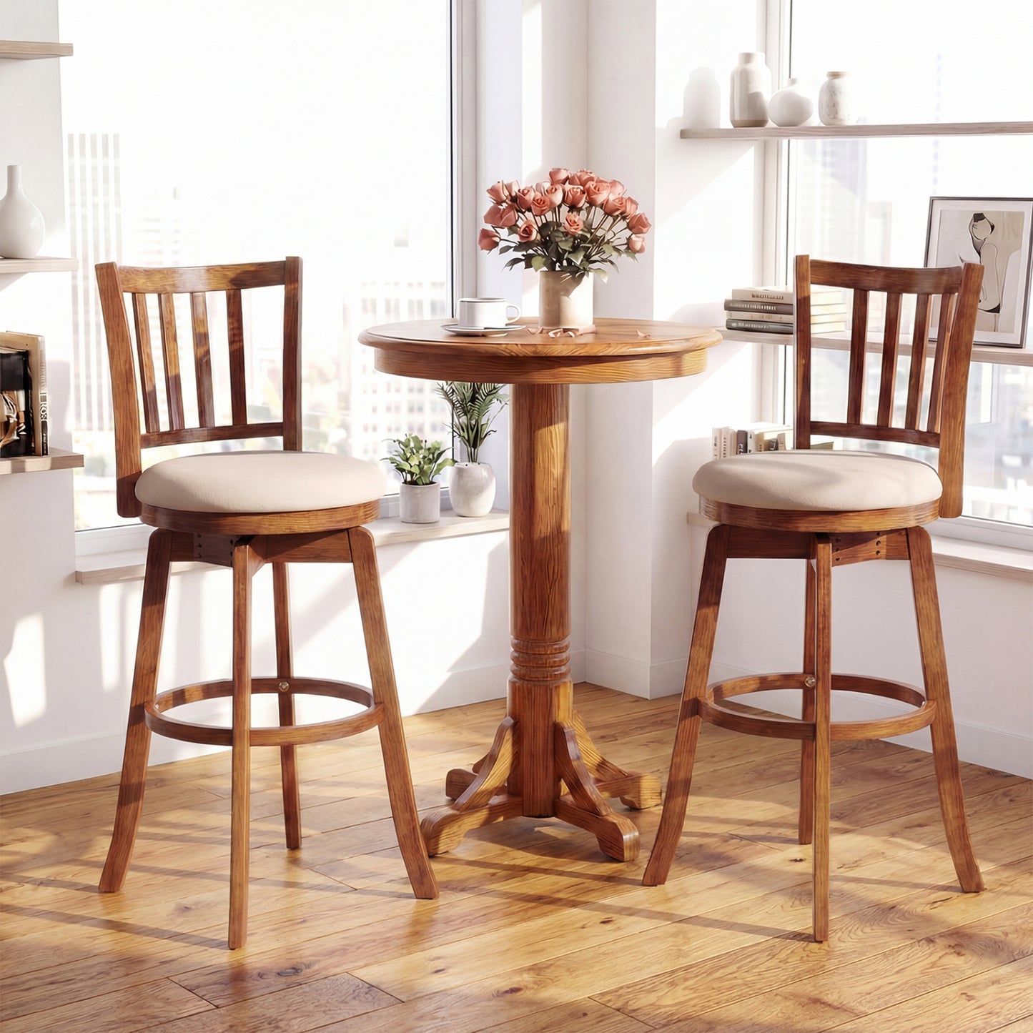 360° Rotating Counter Height Chairs Set of 4 with Backrest and Upholstered Seat-29, Wood Bar Stools at Gallery Canada
