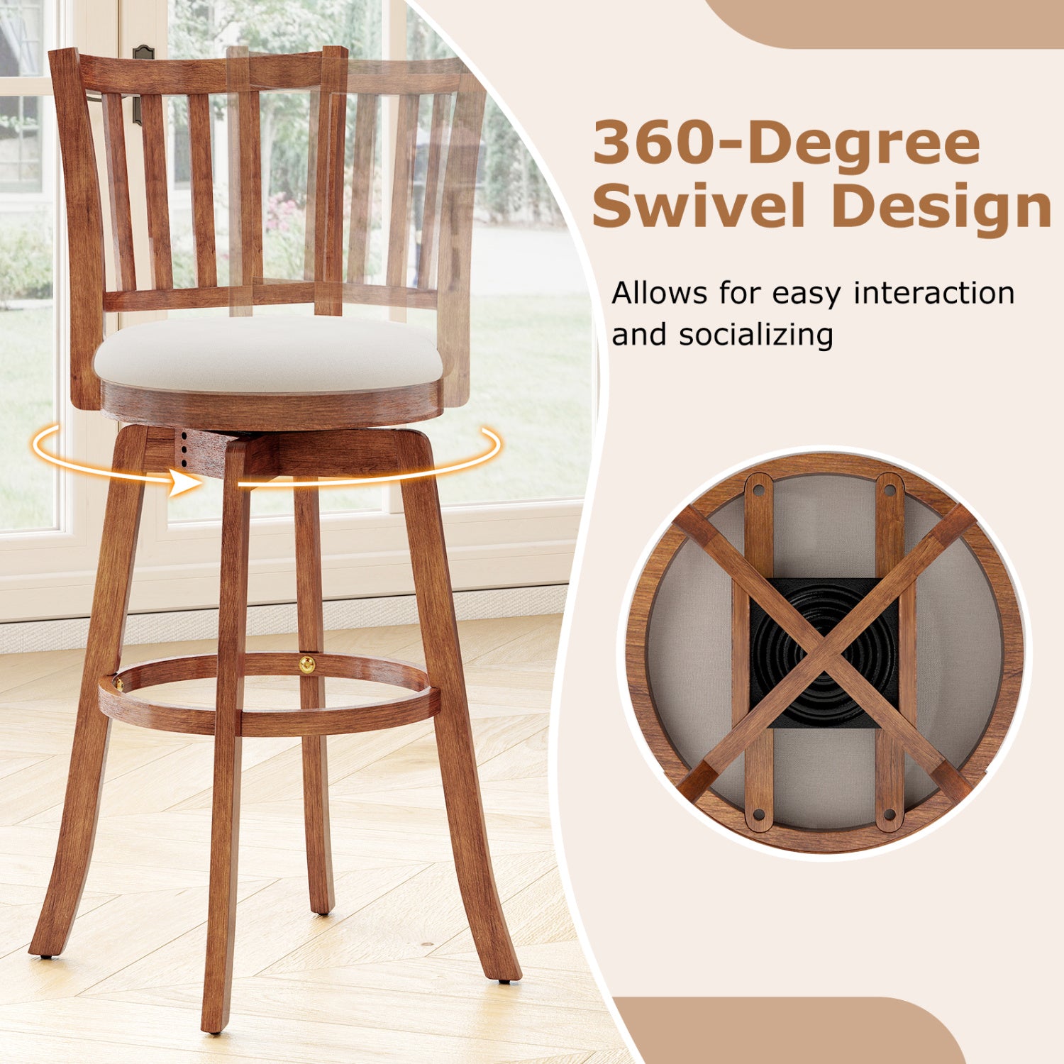 360° Rotating Counter Height Chairs Set of 4 with Backrest and Upholstered Seat-29, Wood Bar Stools at Gallery Canada