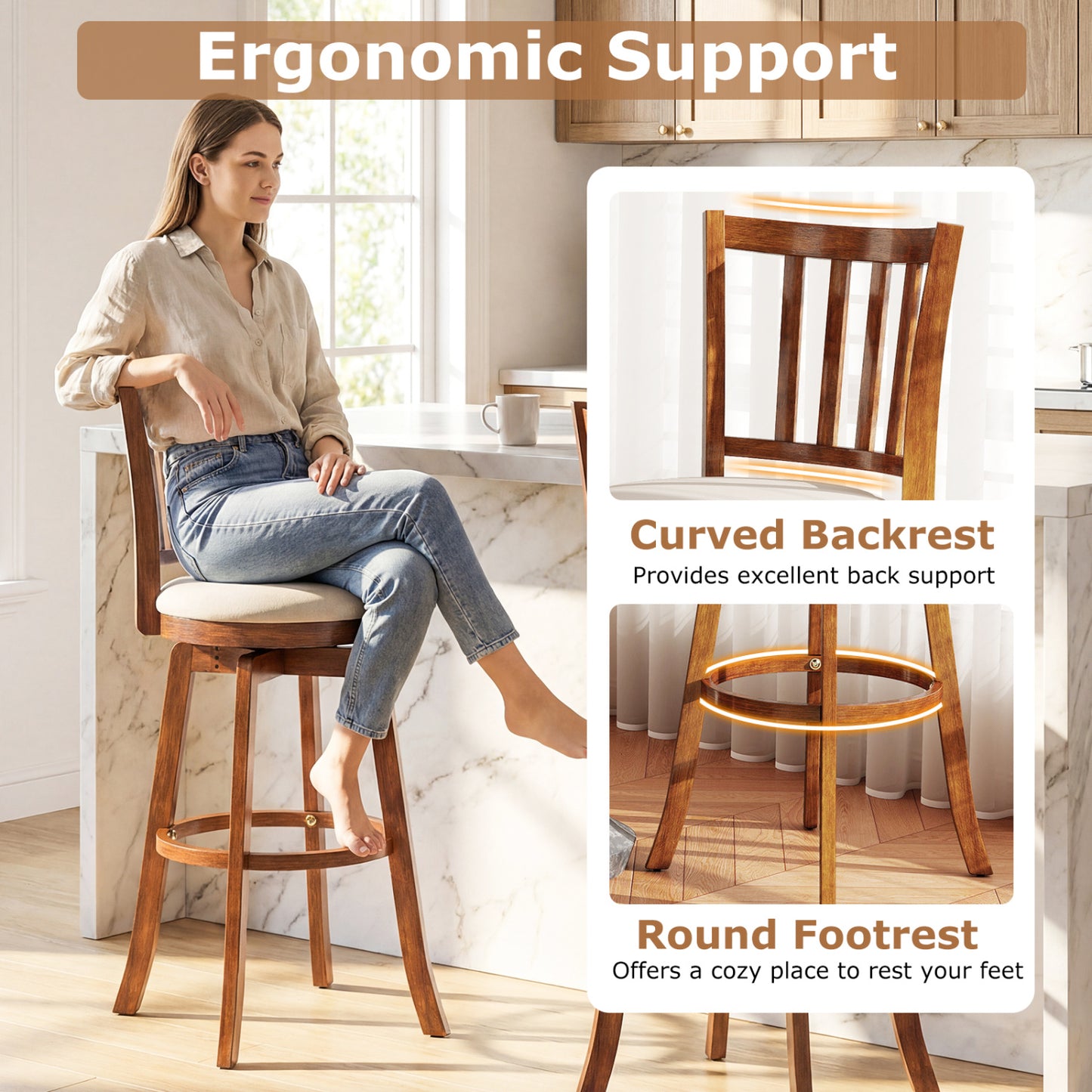 360° Rotating Counter Height Chairs Set of 4 with Backrest and Upholstered Seat-29, Wood Bar Stools at Gallery Canada