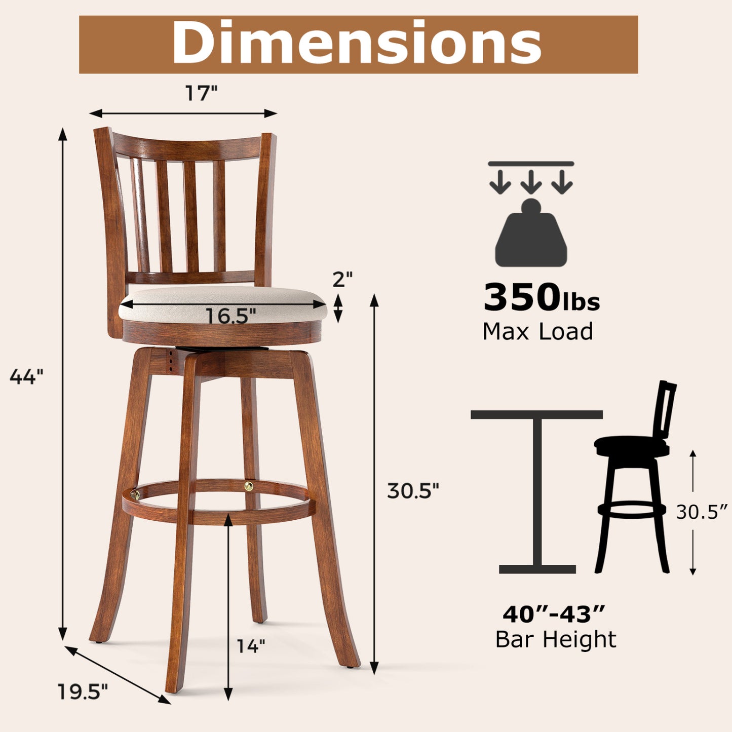 360° Rotating Counter Height Chairs Set of 4 with Backrest and Upholstered Seat-29, Wood Bar Stools at Gallery Canada