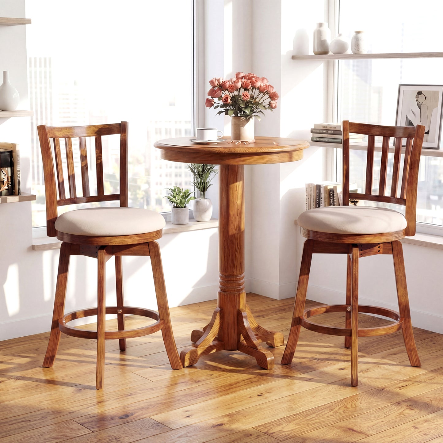 360° Rotating Counter Height Chairs Set of 4 with Backrest and Upholstered Seat-24, Wood Bar Stools at Gallery Canada