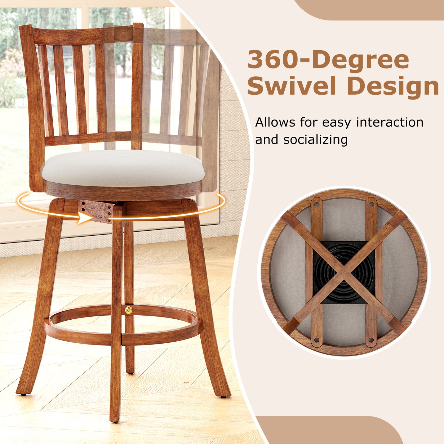 360° Rotating Counter Height Chairs Set of 4 with Backrest and Upholstered Seat-24, Wood Bar Stools at Gallery Canada