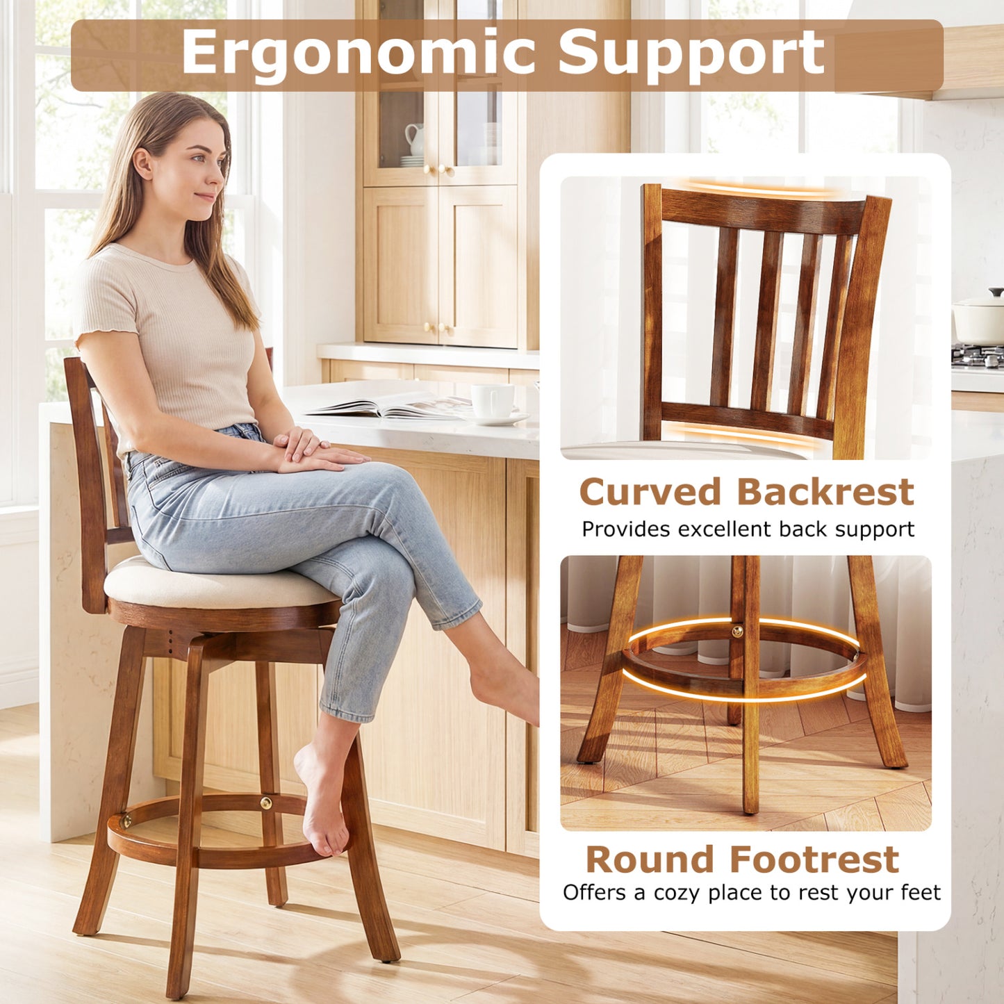 360° Rotating Counter Height Chairs Set of 4 with Backrest and Upholstered Seat-24, Wood Bar Stools at Gallery Canada
