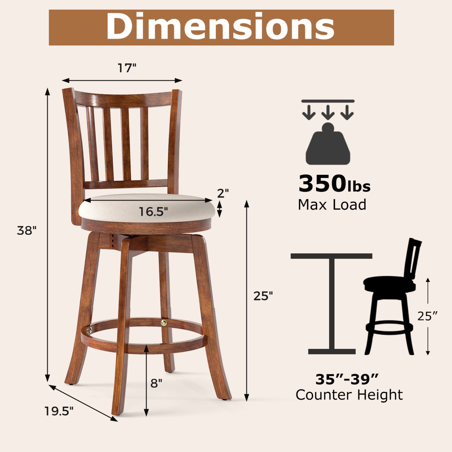 360° Rotating Counter Height Chairs Set of 4 with Backrest and Upholstered Seat-24, Wood Bar Stools at Gallery Canada