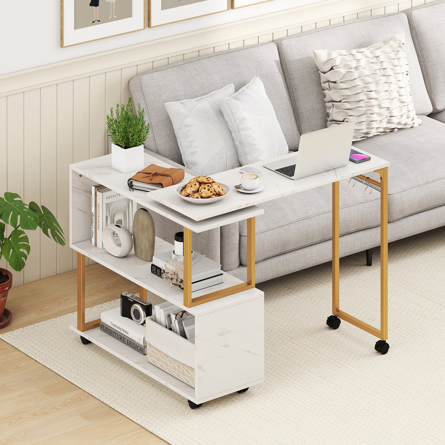 360° Rotating Sofa Side Table with Storage Bookcase and Hooks for Living Room, White End & Side Tables at Gallery Canada