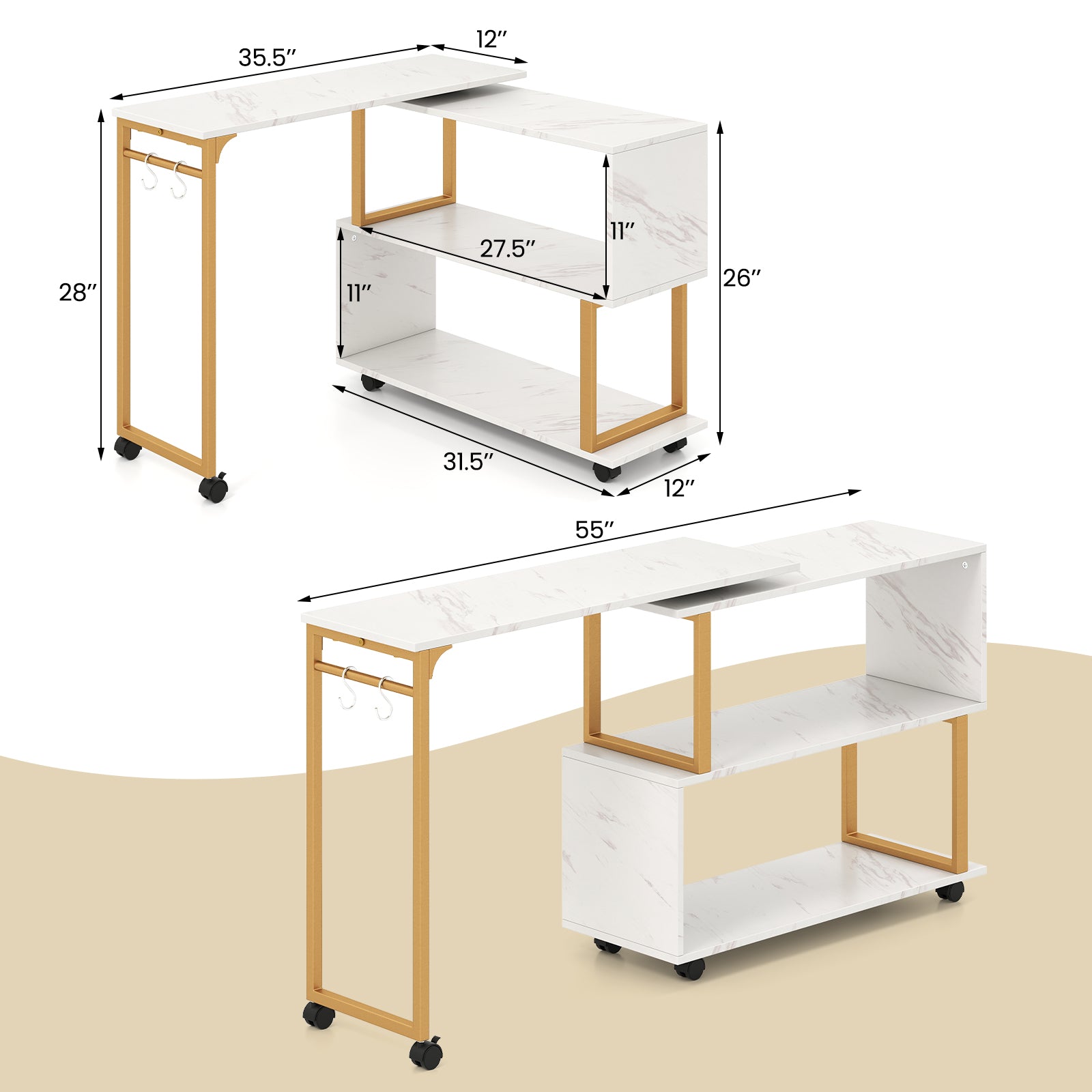 360° Rotating Sofa Side Table with Storage Bookcase and Hooks for Living Room, White End & Side Tables at Gallery Canada