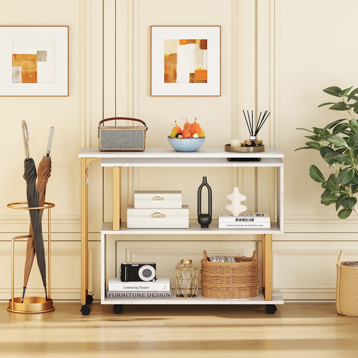 360° Rotating Sofa Side Table with Storage Bookcase and Hooks for Living Room, White End & Side Tables at Gallery Canada