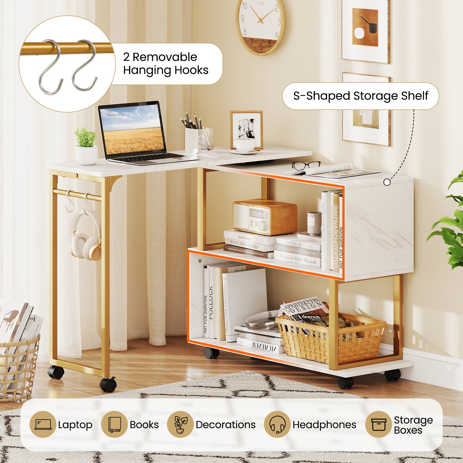 360° Rotating Sofa Side Table with Storage Bookcase and Hooks for Living Room, White End & Side Tables at Gallery Canada