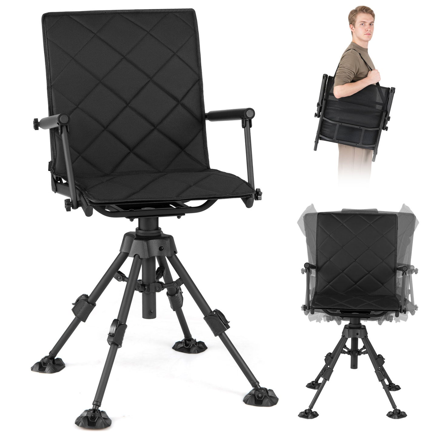 360° Silent Swivel Hunting Seat, 5-Level Adjustable, Black