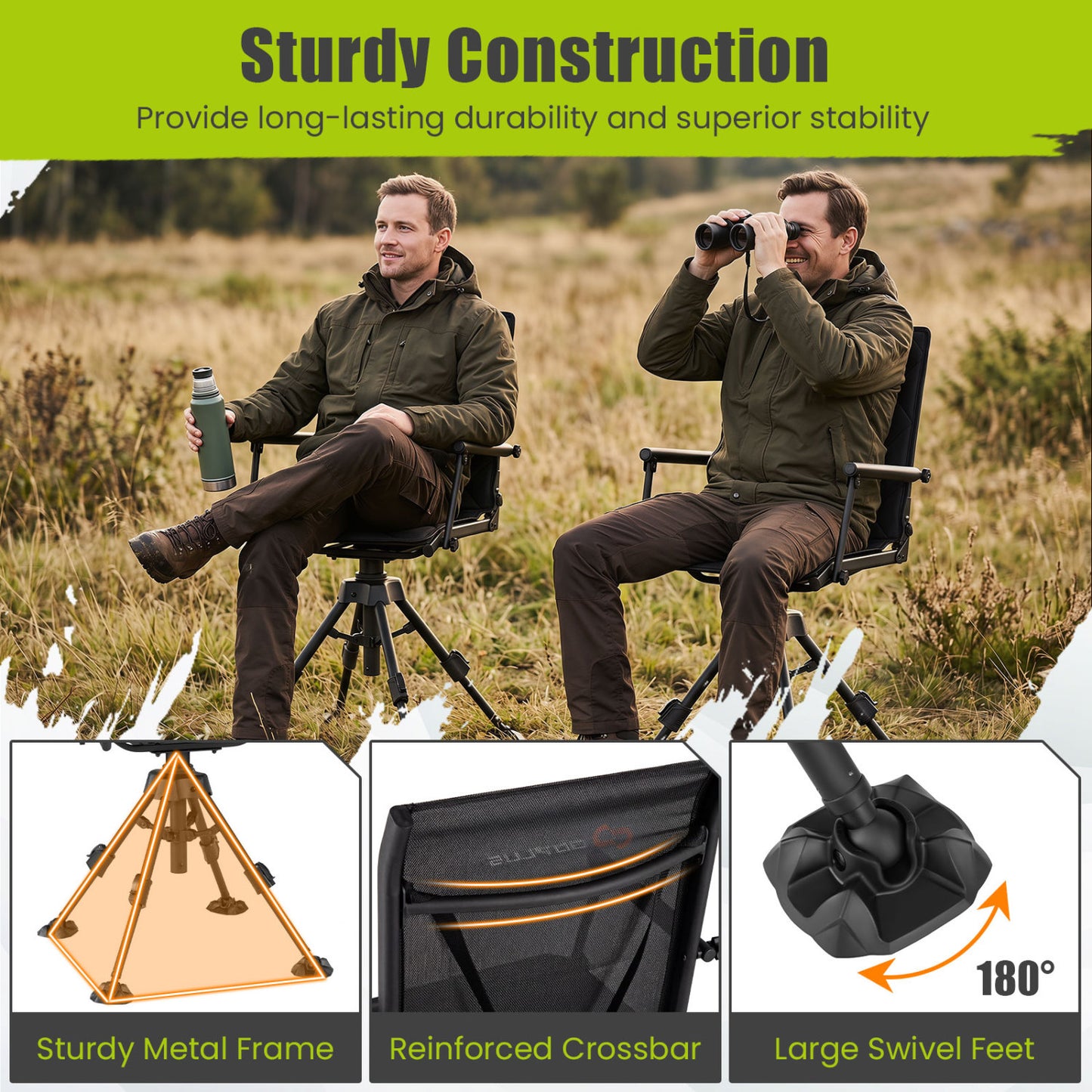 360° Silent Swivel Hunting Seat, 5-Level Adjustable, Black