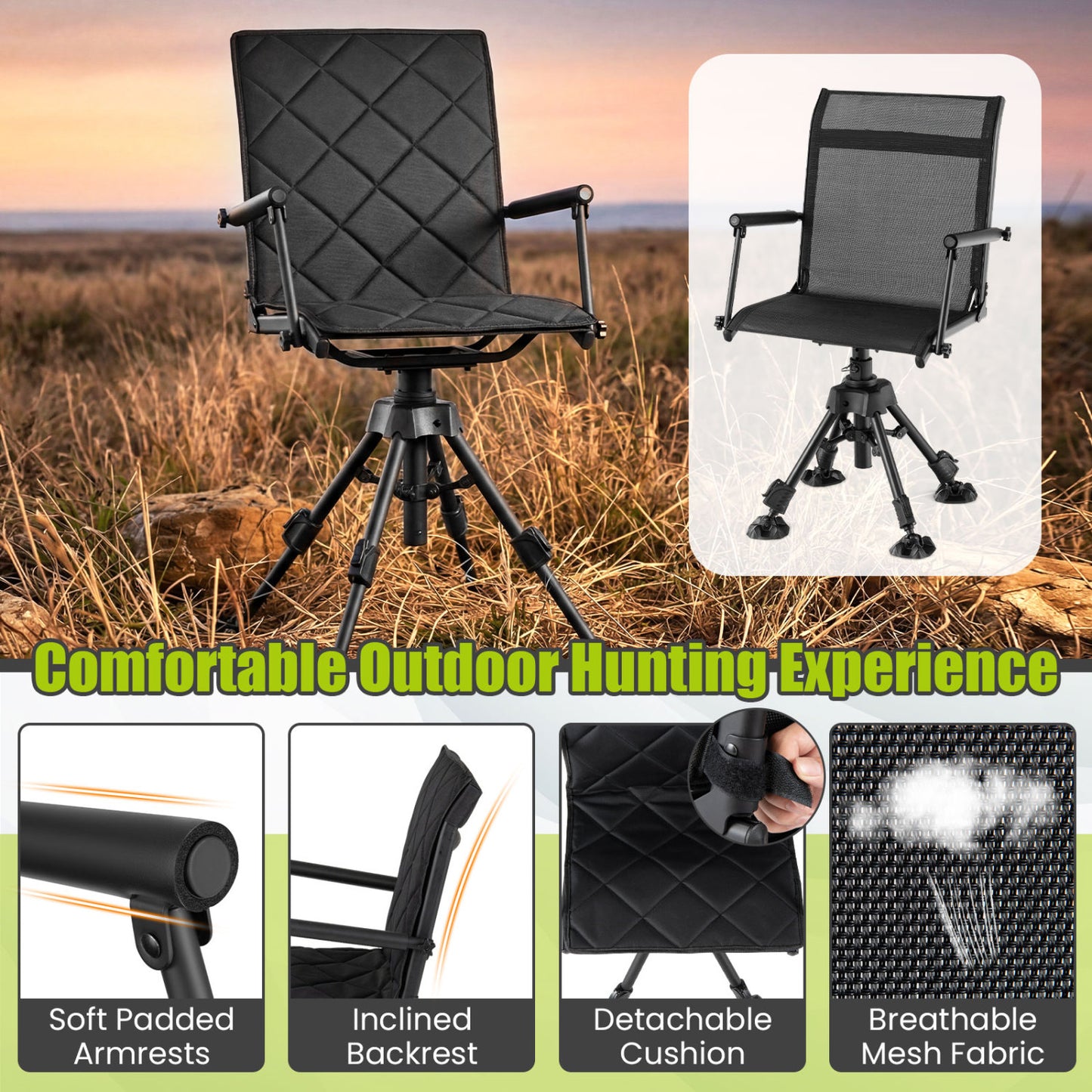 360° Silent Swivel Hunting Seat, 5-Level Adjustable, Black