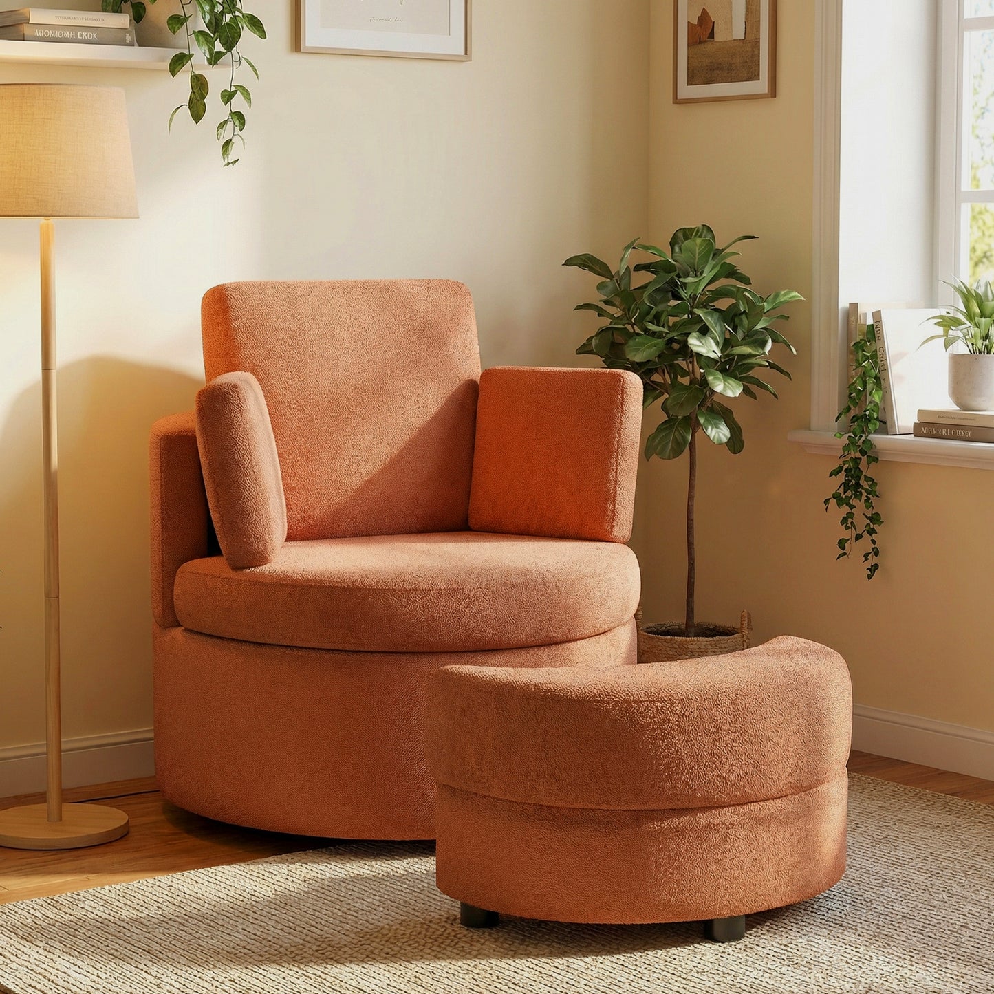360° Swivel Accent Chair with Half Moon Storage Ottoman, Light Brown Accent Chairs at Gallery Canada