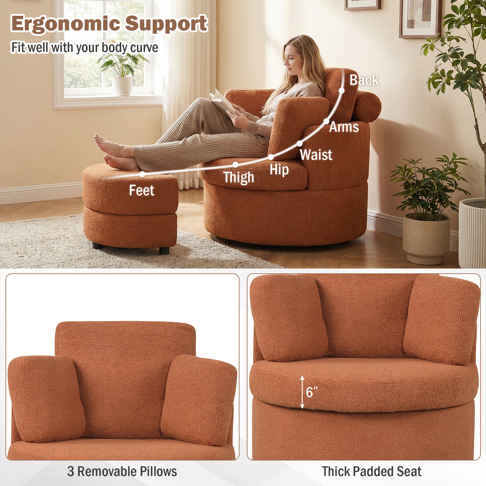 360° Swivel Accent Chair with Half Moon Storage Ottoman, Light Brown Accent Chairs at Gallery Canada