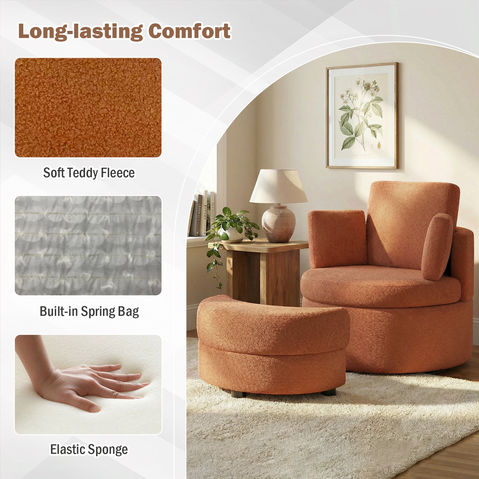 360° Swivel Accent Chair with Half Moon Storage Ottoman, Light Brown Accent Chairs at Gallery Canada