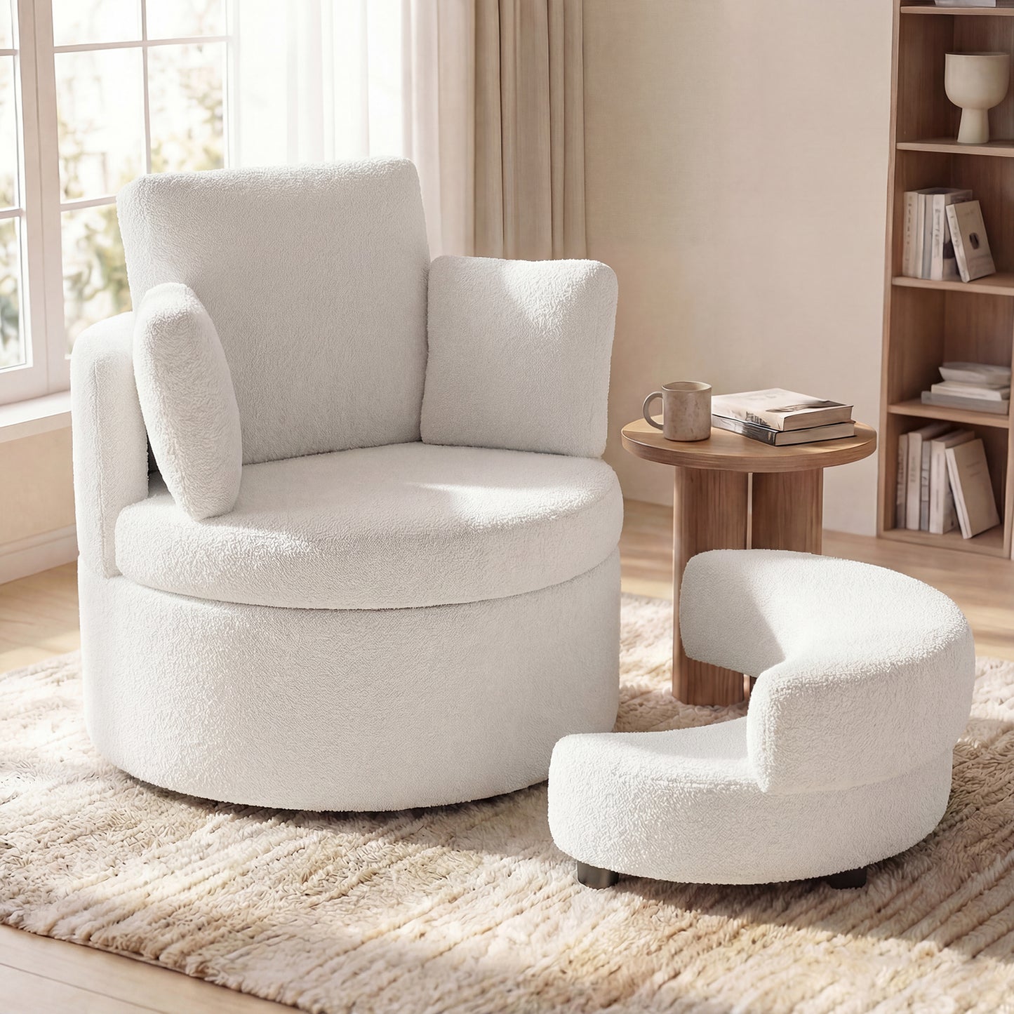 360° Swivel Accent Chair with Half Moon Storage Ottoman, White Accent Chairs at Gallery Canada