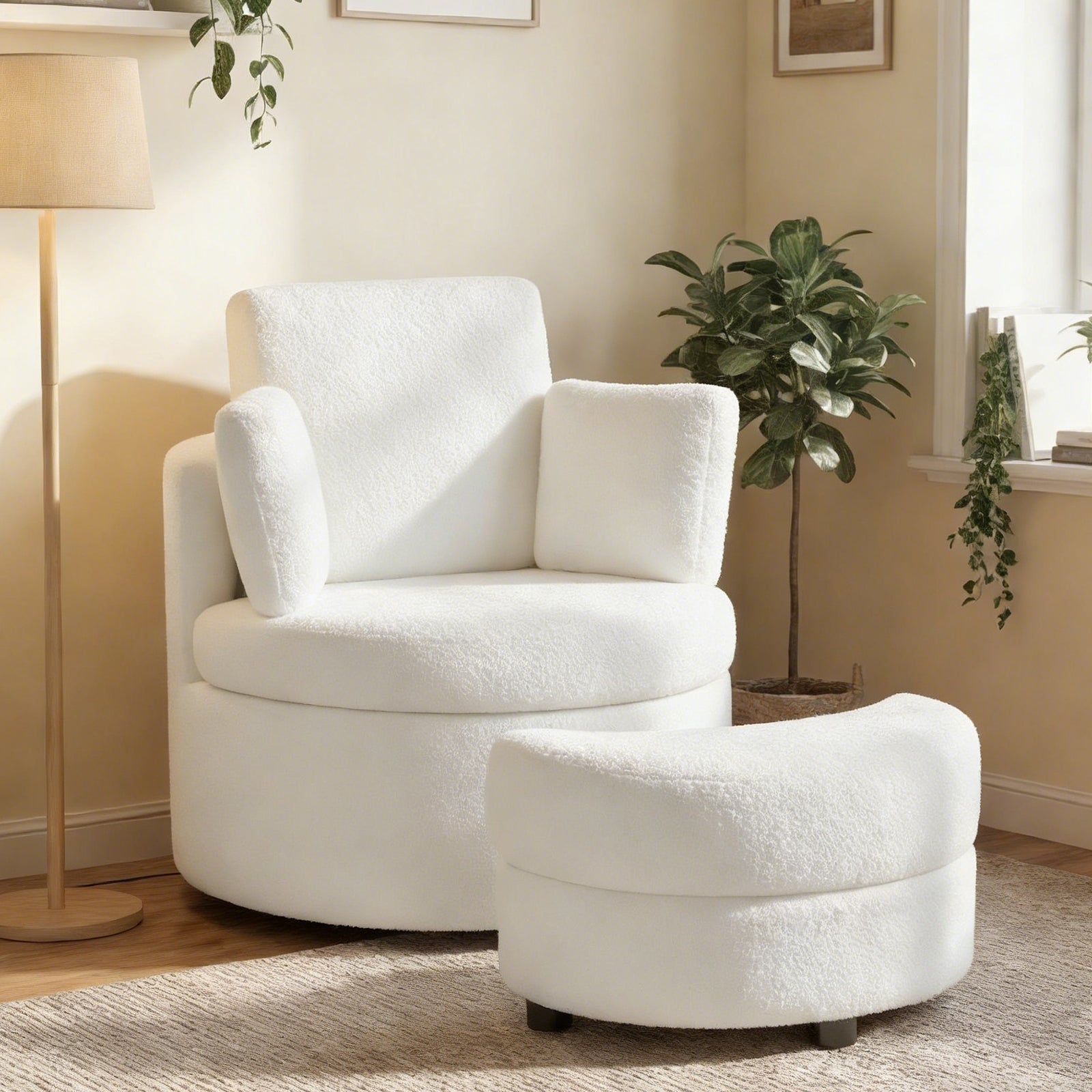 360° Swivel Accent Chair with Half Moon Storage Ottoman, White Accent Chairs at Gallery Canada