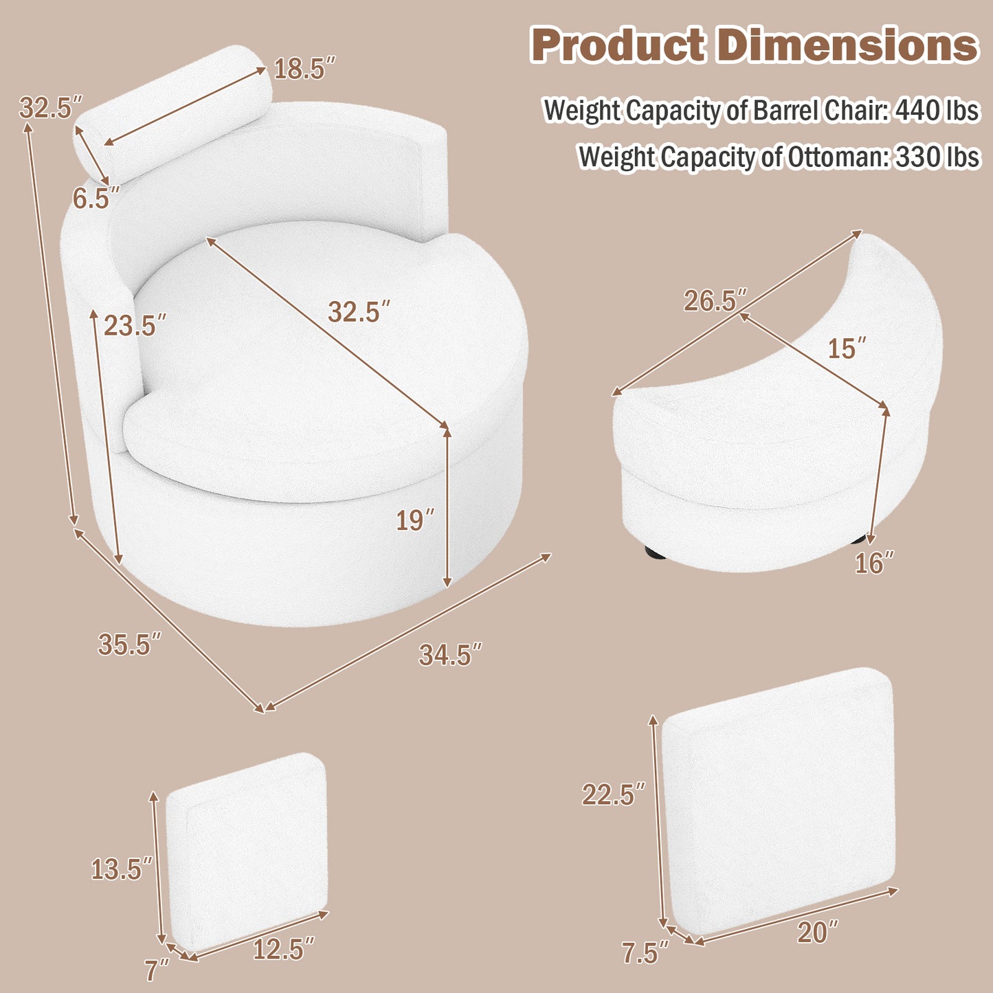 360° Swivel Accent Chair with Half Moon Storage Ottoman, White Accent Chairs at Gallery Canada
