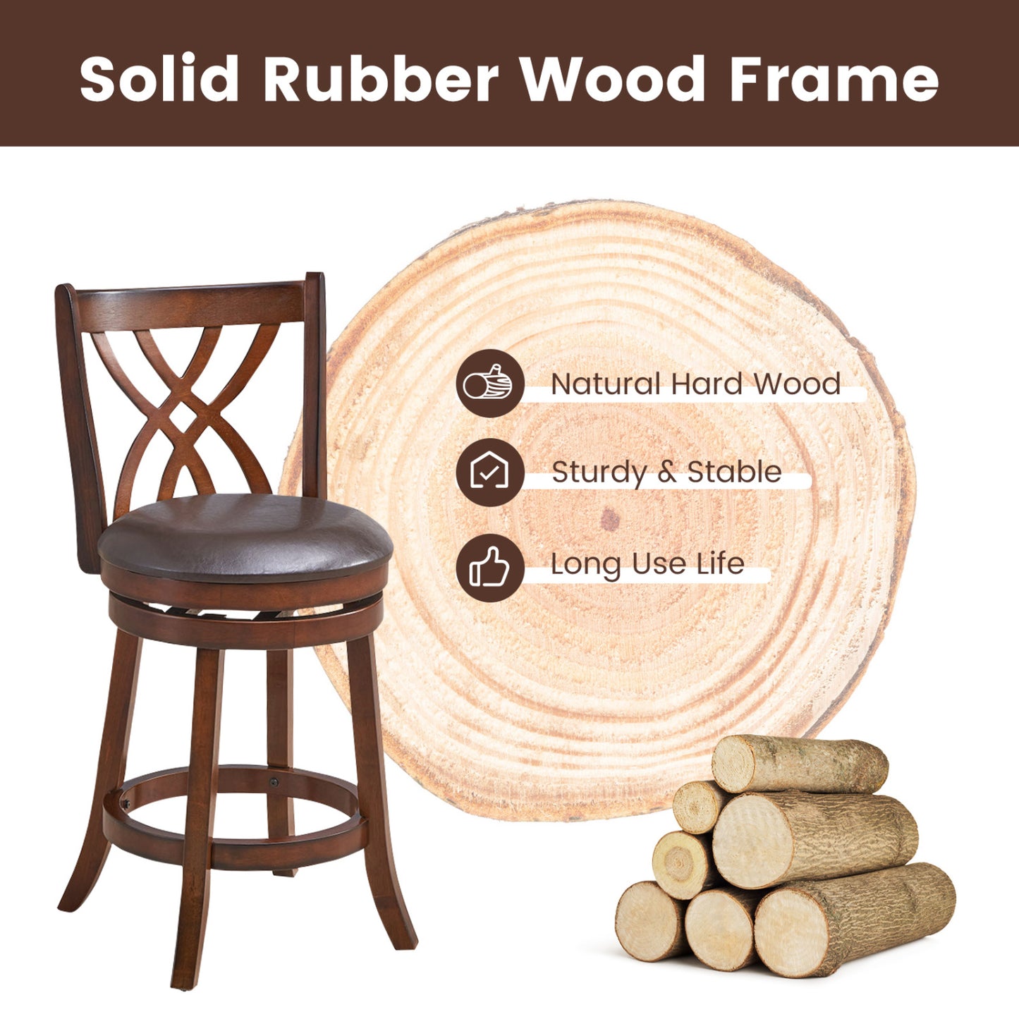 360° Swivel Counter Height Chair, PU Leather Seat, 26 Inches, Brown Bar Stools at Gallery Canada