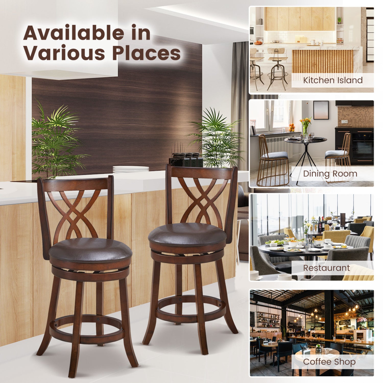 360° Swivel Counter Height Chair, PU Leather Seat, 26 Inches, Brown Bar Stools at Gallery Canada