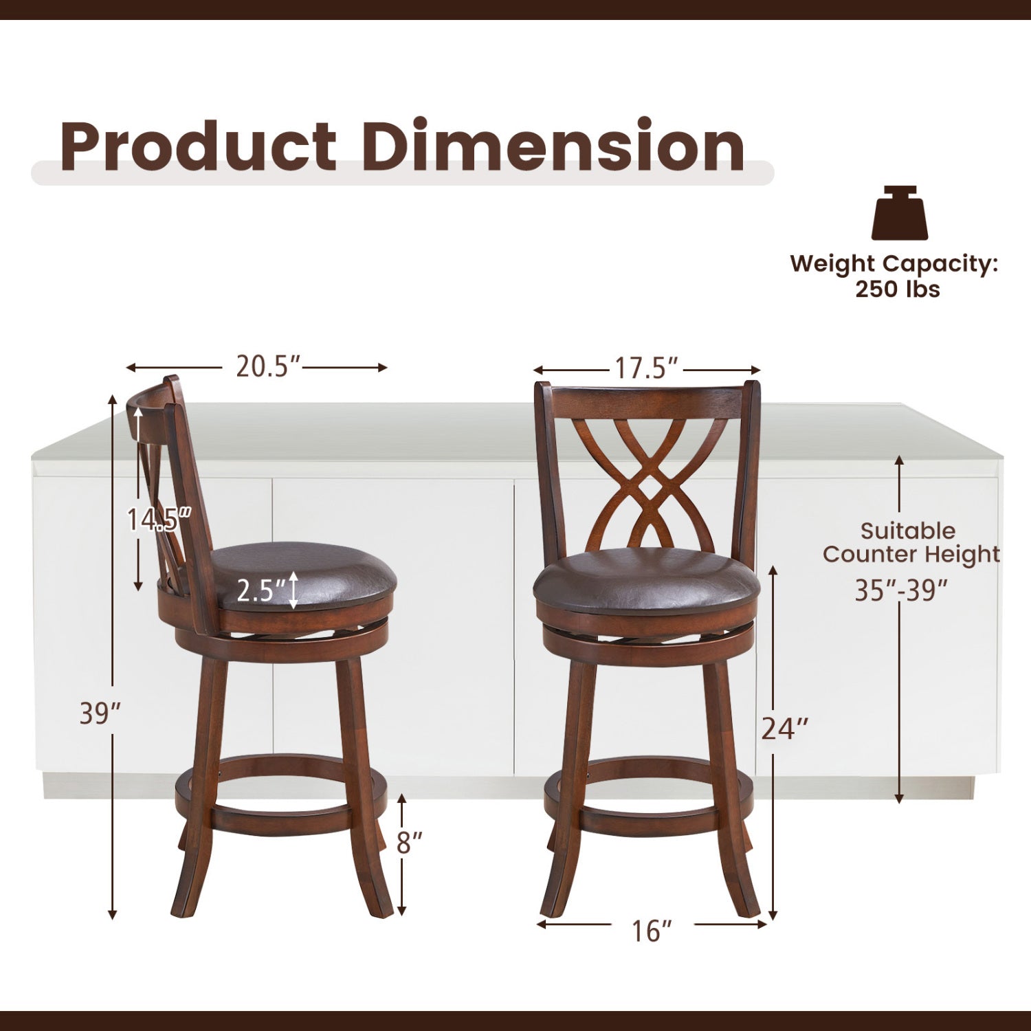 360° Swivel Counter Height Chair, PU Leather Seat, 26 Inches, Brown Bar Stools at Gallery Canada