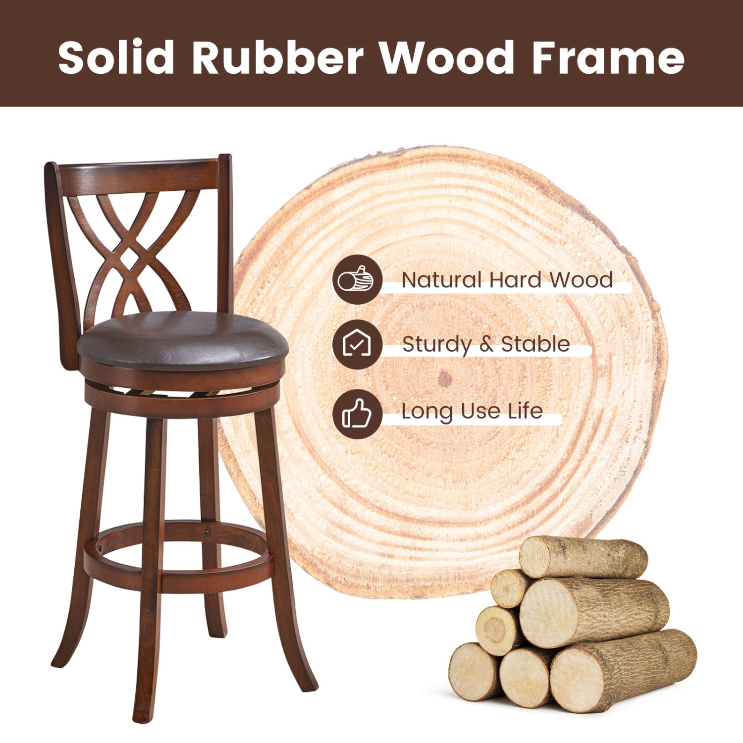 360° Swivel Counter Height Chairs, PU Leather Seat, Footrests, 30 Inches, Brown Bar Stools at Gallery Canada