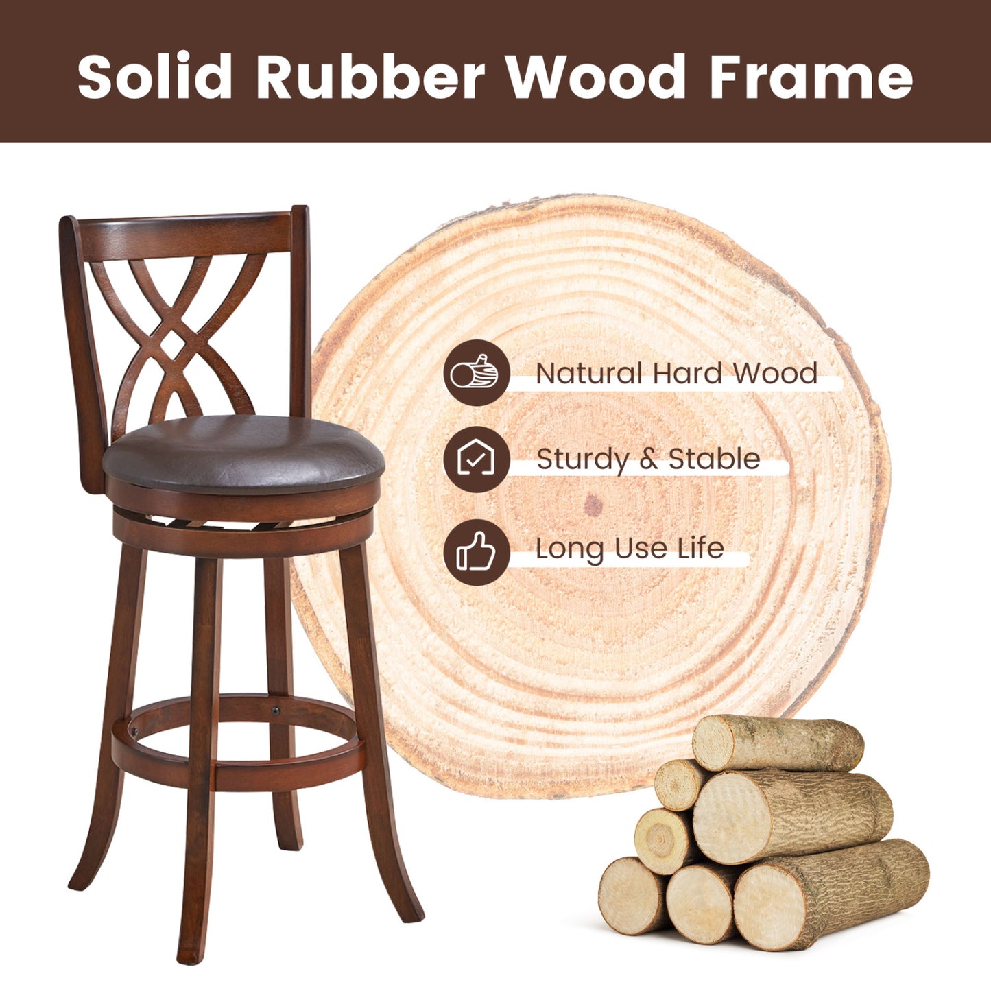 360° Swivel Counter Height Chairs, PU Leather Seat, Footrests, 30 Inches, Brown Bar Stools at Gallery Canada