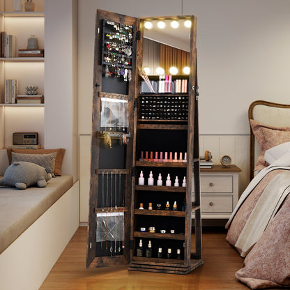360° Swivel Freestanding Jewelry Cabinet with Lighted Full Length Mirror, Rustic Brown Jewelry Armoires at Gallery Canada