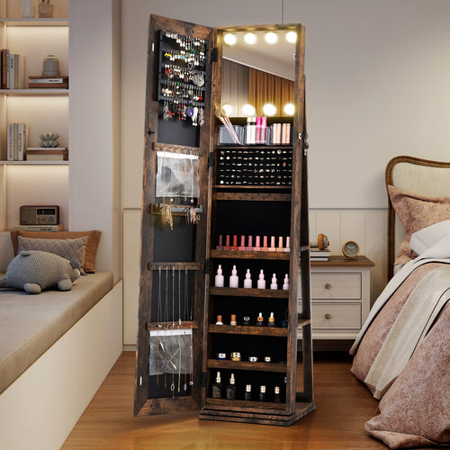 360° Swivel Freestanding Jewelry Cabinet with Lighted Full Length Mirror, Rustic Brown