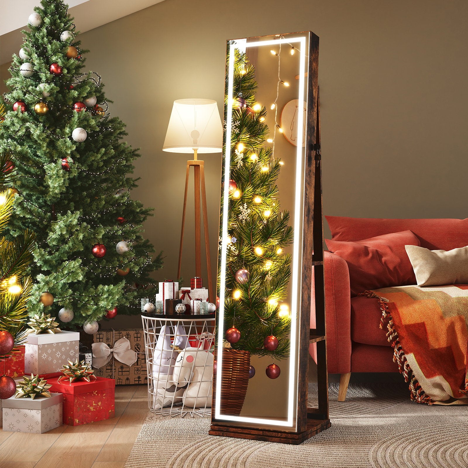 360° Swivel Freestanding Jewelry Cabinet with Lighted Full Length Mirror, Rustic Brown Jewelry Armoires at Gallery Canada