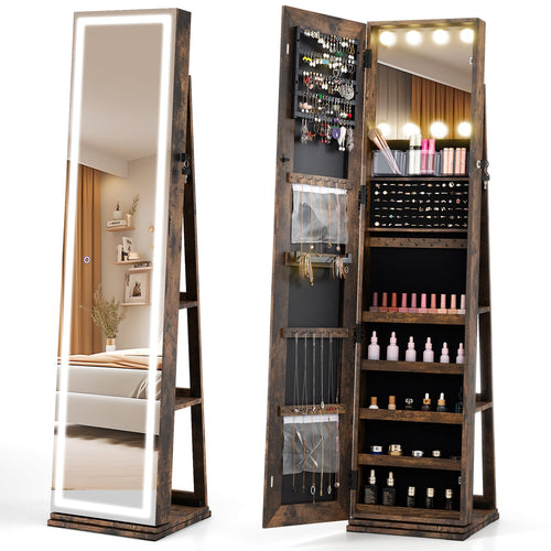 360° Swivel Freestanding Jewelry Cabinet with Lighted Full Length Mirror, Rustic Brown