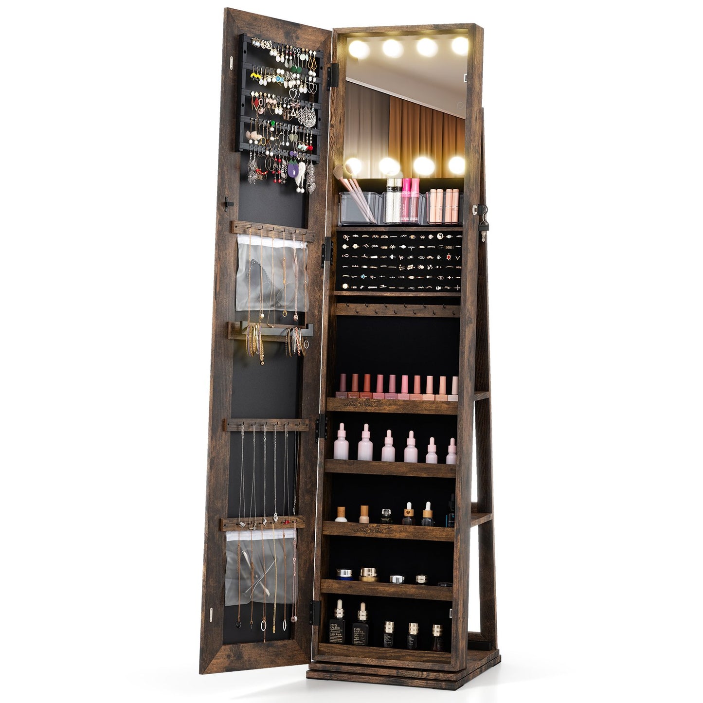 360° Swivel Freestanding Jewelry Cabinet with Lighted Full Length Mirror, Rustic Brown Jewelry Armoires at Gallery Canada
