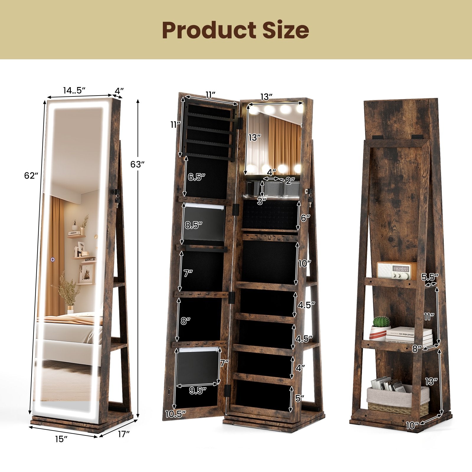 360° Swivel Freestanding Jewelry Cabinet with Lighted Full Length Mirror, Rustic Brown Jewelry Armoires at Gallery Canada