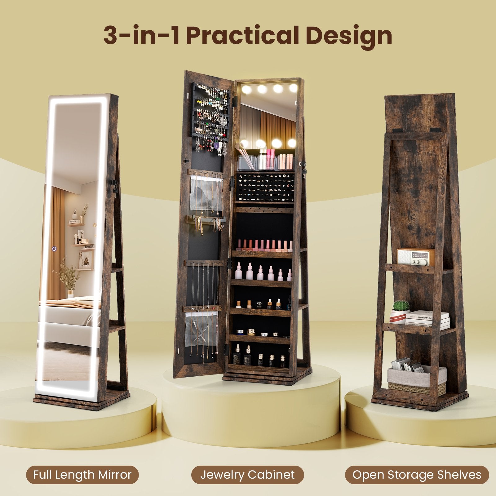 360° Swivel Freestanding Jewelry Cabinet with Lighted Full Length Mirror, Rustic Brown Jewelry Armoires at Gallery Canada