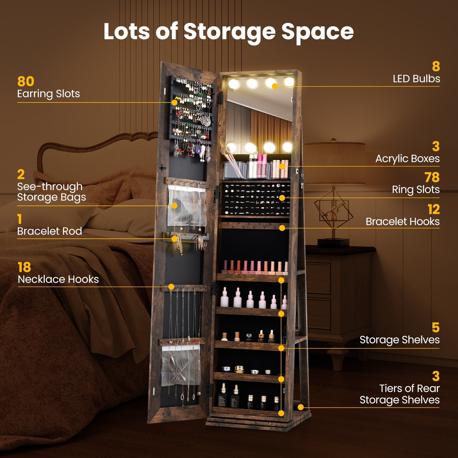 360° Swivel Freestanding Jewelry Cabinet with Lighted Full Length Mirror, Rustic Brown Jewelry Armoires at Gallery Canada