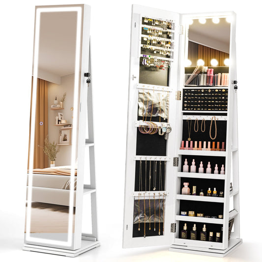360° Swivel Freestanding Jewelry Cabinet with Lighted Full Length Mirror, White Jewelry Armoires White at Gallery Canada