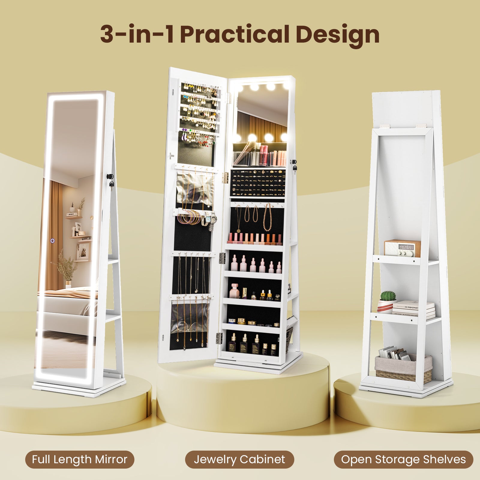360° Swivel Freestanding Jewelry Cabinet with Lighted Full Length Mirror, White Jewelry Armoires at Gallery Canada