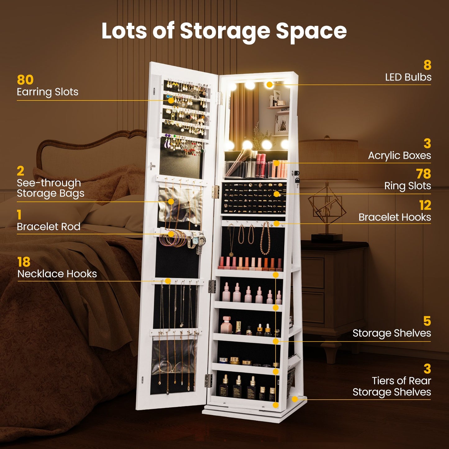 360° Swivel Freestanding Jewelry Cabinet with Lighted Full Length Mirror, White Jewelry Armoires at Gallery Canada