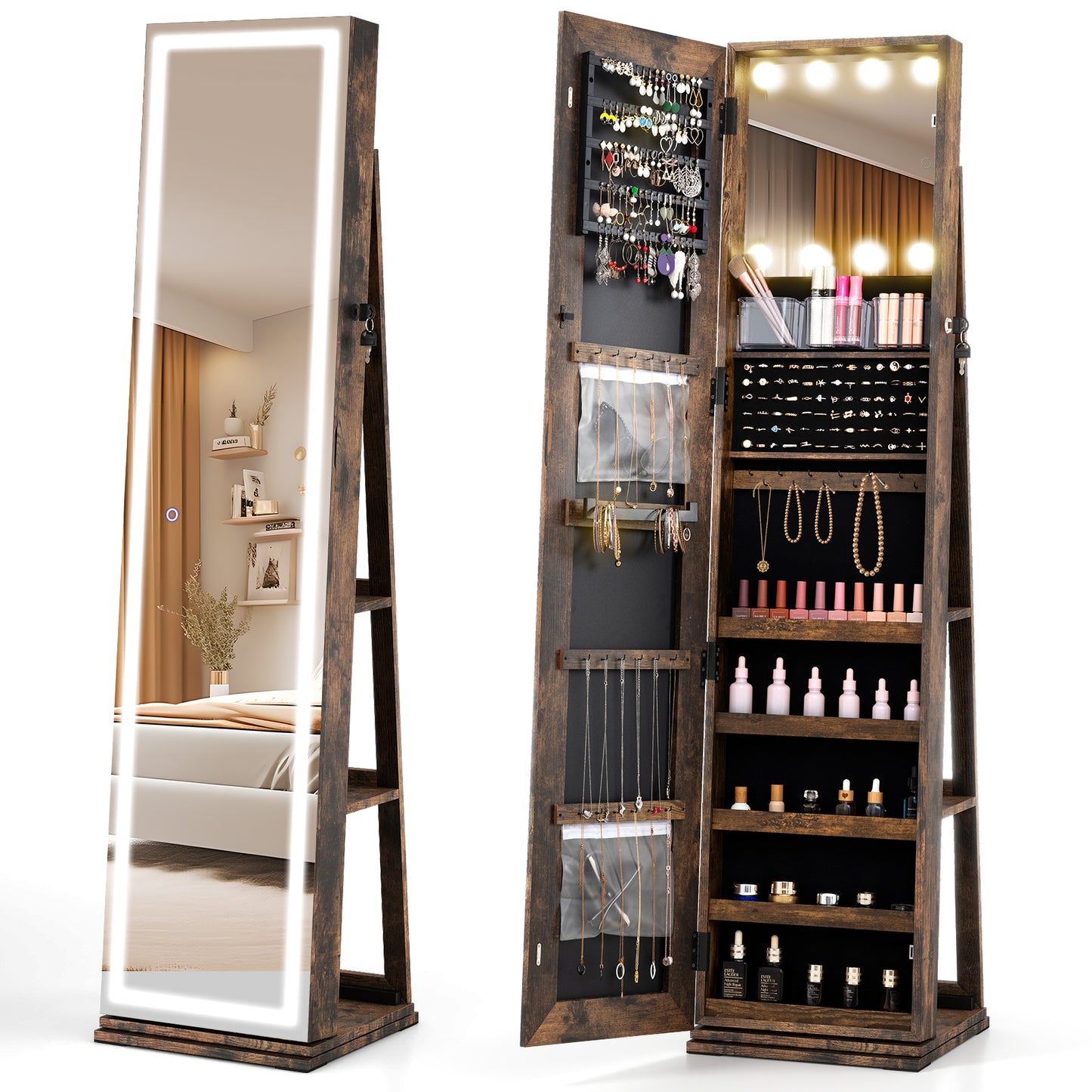 360° Swivel Freestanding Jewelry Cabinet, Lighted Full Length Mirror, Rustic Brown